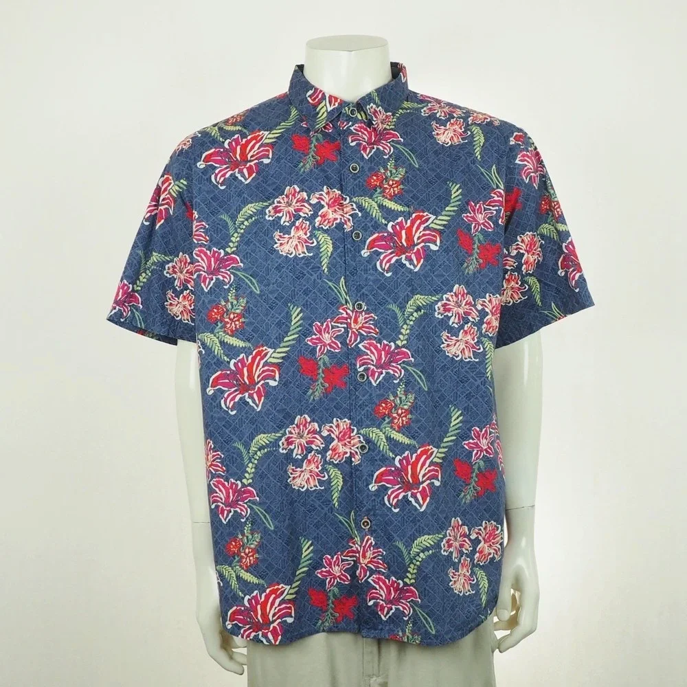 Tommy Bahama Tahitian Etch Camp Hawaiian Shirt Mens XL Blue Floral Aloha Beach